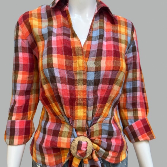 Lafayette 148 New York Plaid Button Front Buckle Accent Shirt - Picture 9 of 9